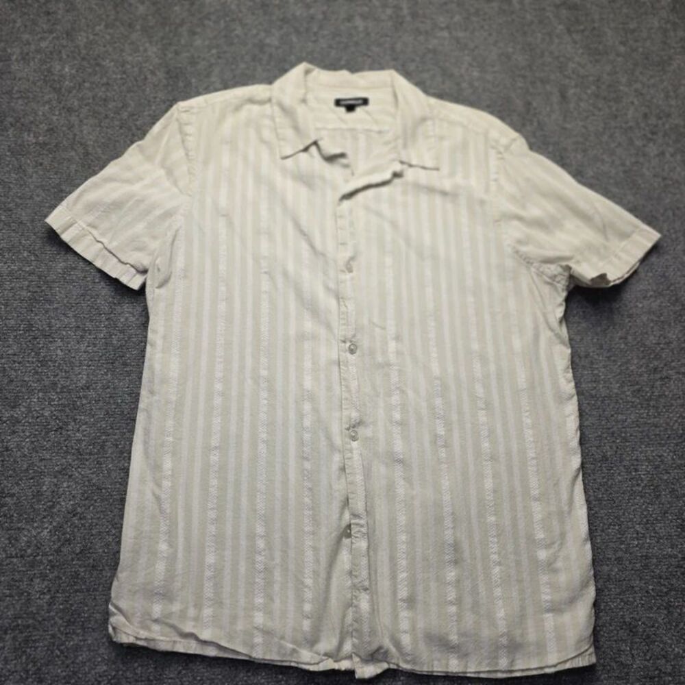 Large Beige Cream Striped Short Sleeve Button-Up Shirt